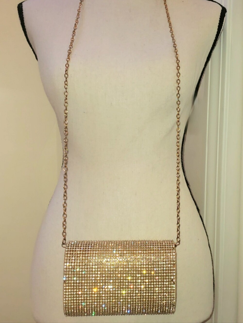 Saks Fifth Avenue RED Collection Champagne Gold Satin Crystal Evening Clutch Bag